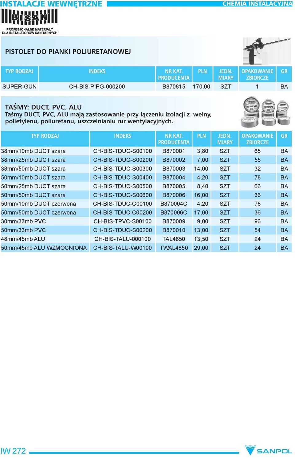 38mm/10mb DUCT szara CH-BIS-TDUC-S00100 B870001 3,80 SZT 65 BA 38mm/25mb DUCT szara CH-BIS-TDUC-S00200 B870002 7,00 SZT 55 BA 38mm/50mb DUCT szara CH-BIS-TDUC-S00300 B870003 14,00 SZT 32 BA 50mm/10mb