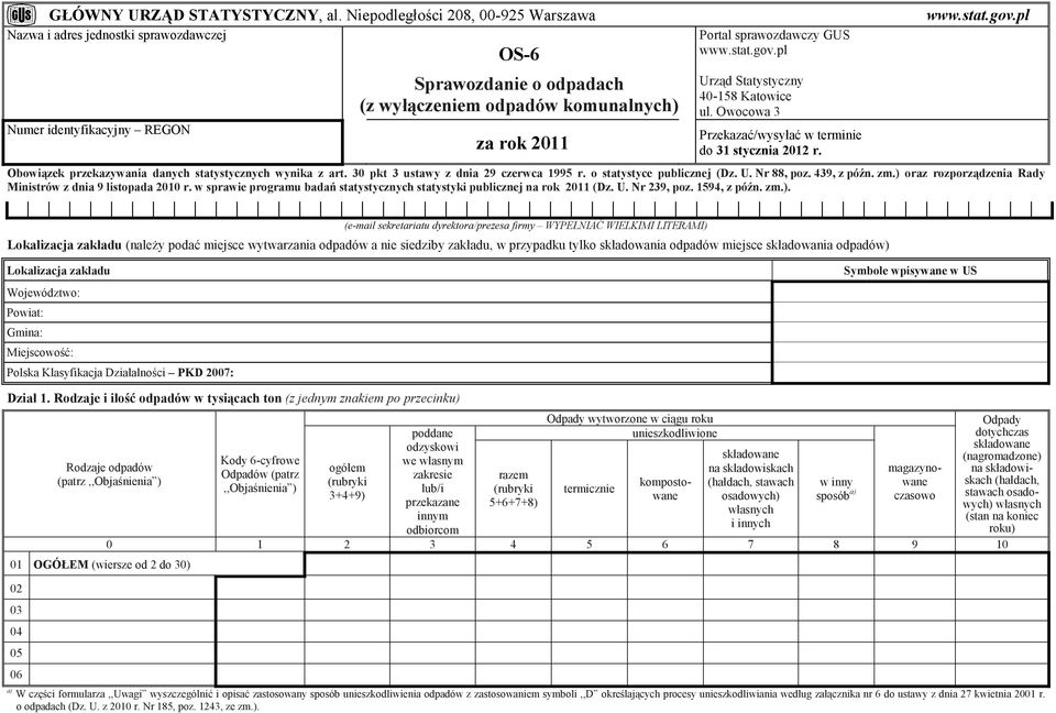 sprawozdawczy GUS www.stat.gov.pl Urząd Statystyczny 40-158 Katowice ul. Owocowa 3 Przekazać/wysyłać w terminie do 31 stycznia 2012 r. www.stat.gov.pl Obowiązek przekazywania danych statystycznych wynika z art.