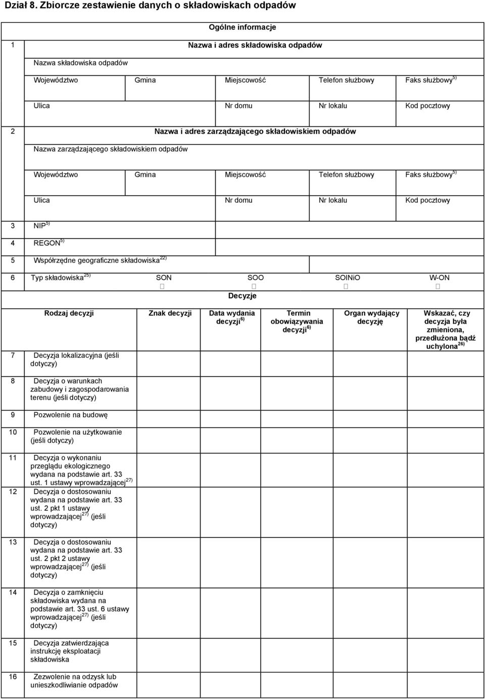 pocztowy 2 Nazwa i adres zarządzającego składowiskiem Nazwa zarządzającego składowiskiem Województwo Gmina Miejscowość Telefon służbowy Faks służbowy 5) Ulica Nr domu Nr lokalu Kod pocztowy 3 NIP 5)