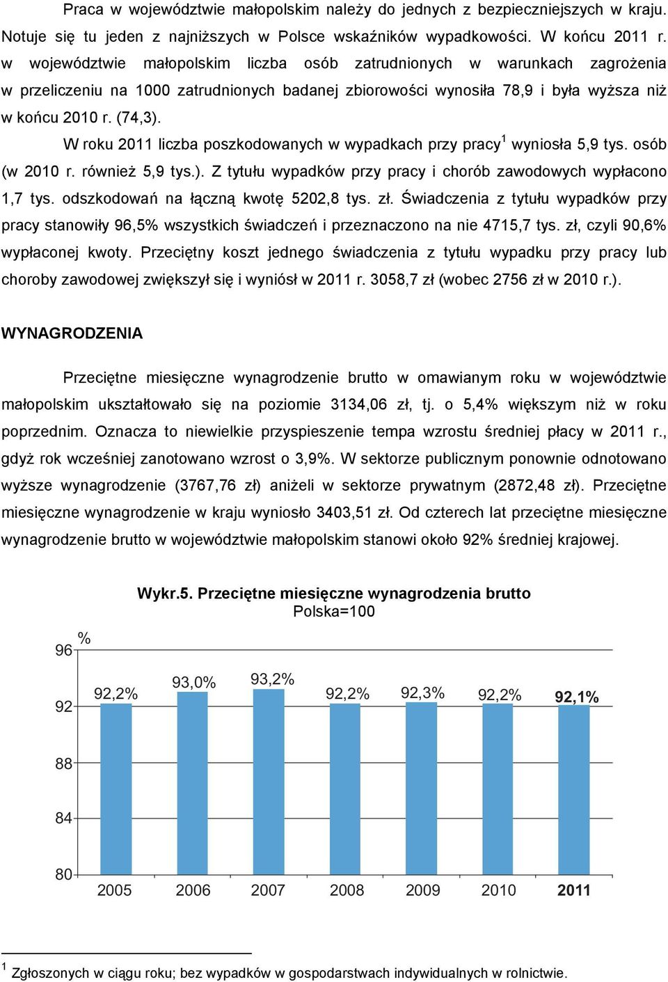 W roku 2011 liczba poszkodowanych w wypadkach przy pracy 1 wyniosła 5,9 tys. osób (w 2010 r. również 5,9 tys.). Z tytułu wypadków przy pracy i chorób zawodowych wypłacono 1,7 tys.