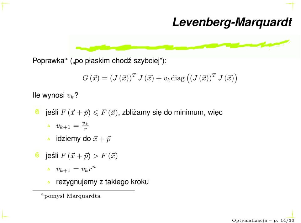 jeślif( x+ p) F( x), zbliżamy się do minimum, więc v k+1 = v k r idziemy do x+