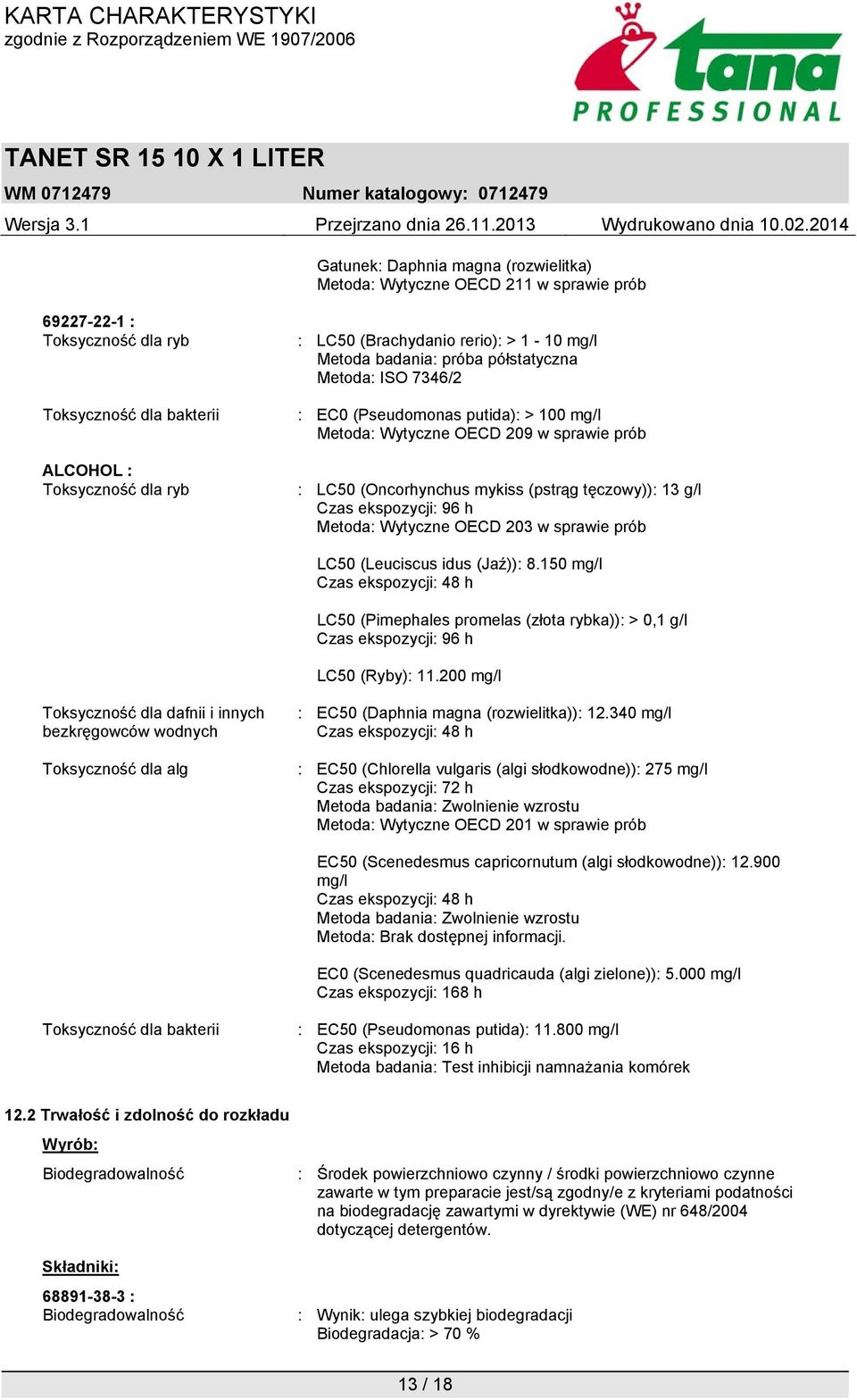 Czas ekspozycji: 96 h Metoda: Wytyczne OECD 203 w sprawie prób LC50 (Leuciscus idus (Jaź)): 8.