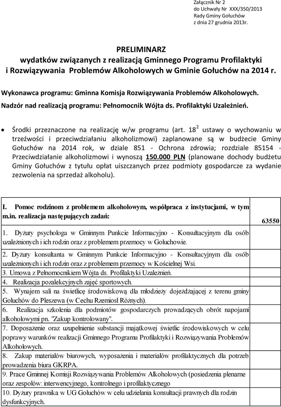 Wykonawca programu: Gminna Komisja Rozwiązywania Problemów Alkoholowych. Nadzór nad realizacją programu: Pełnomocnik Wójta ds. Profilaktyki Uzależnień.