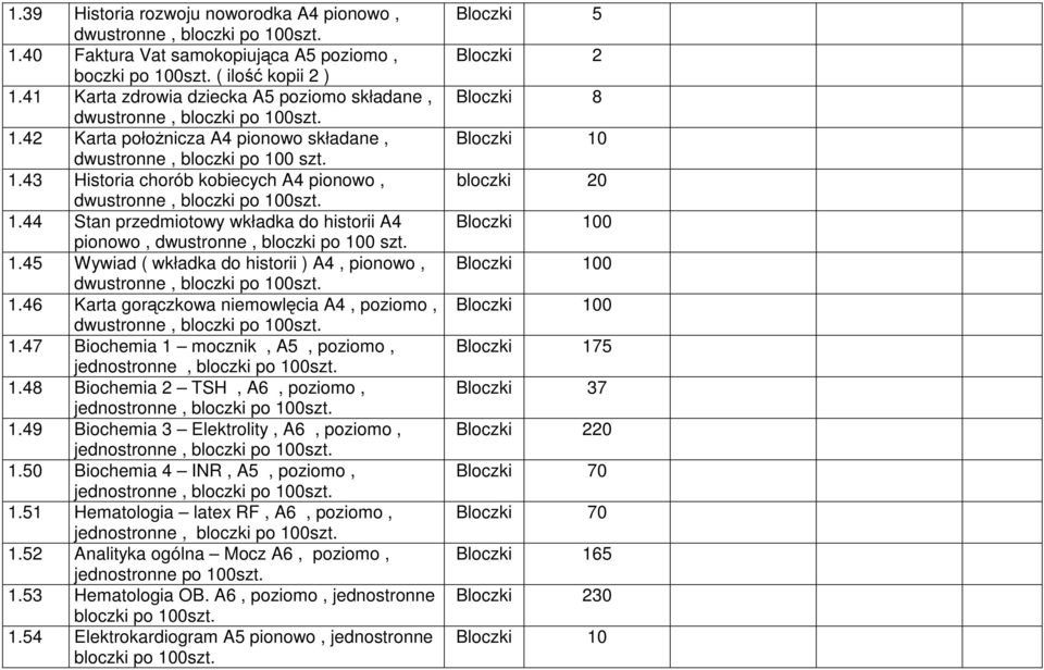 44 Stan przedmiotowy wkładka do historii A4 pionowo, dwustronne, bloczki po 100 szt. 1.45 Wywiad ( wkładka do historii ) A4, pionowo, dwustronne, 1.