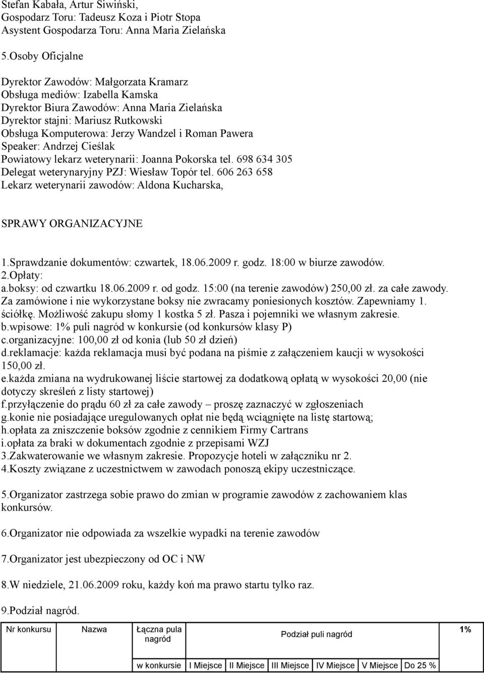 i Roman Pawera Speaker: Andrzej Cieślak Powiatowy lekarz weterynarii: Joanna Pokorska tel. 698 634 305 Delegat weterynaryjny PZJ: Wiesław Topór tel.