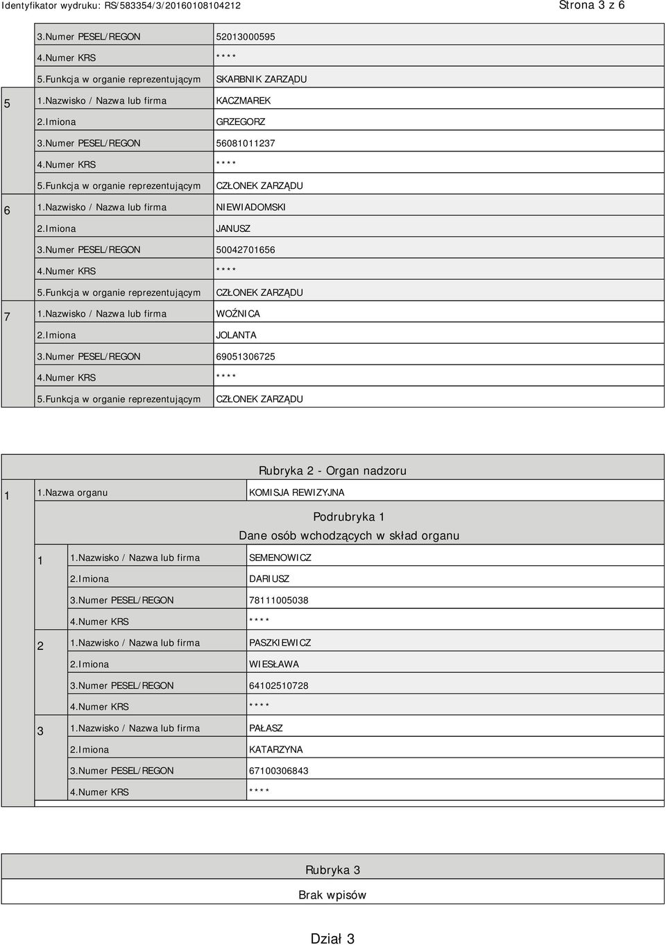 Numer PESEL/REGON 69051306725 CZŁONEK ZARZĄDU Rubryka 2 - Organ nadzoru 1 1.Nazwa organu KOMISJA REWIZYJNA Podrubryka 1 Dane osób wchodzących w skład organu 1 1.