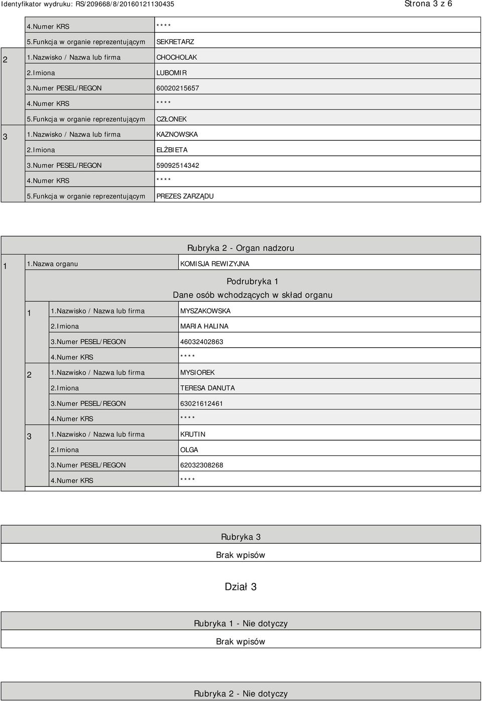 Funkcja w organie reprezentującym PREZES ZARZĄDU Rubryka 2 - Organ nadzoru 1 1.Nazwa organu KOMISJA REWIZYJNA Podrubryka 1 Dane osób wchodzących w skład organu 1 1.