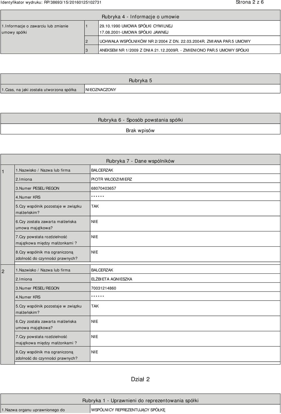 Czas, na jaki została utworzona spółka OZNACZONY Rubryka 6 - Sposób powstania spółki 1 1.Nazwisko / Nazwa lub firma BALCERZAK Rubryka 7 - Dane wspólników PIOTR WŁODZIMIERZ 3.