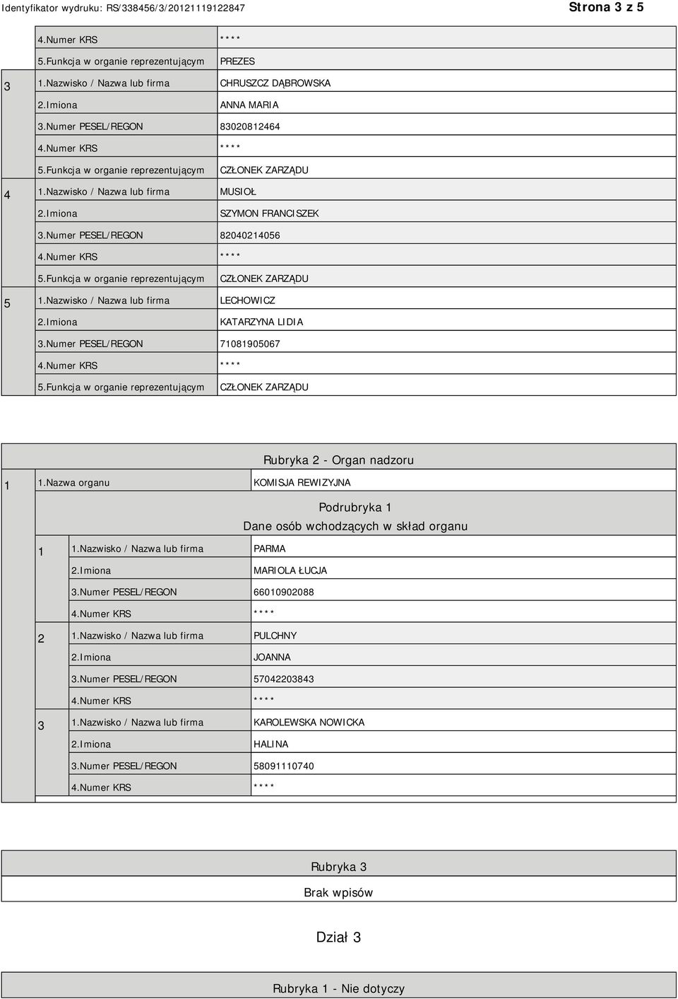 Nazwa organu KOMISJA REWIZYJNA Podrubryka 1 Dane osób wchodzących w skład organu 1 1.Nazwisko / Nazwa lub firma PARMA MARIOLA ŁUCJA 3.Numer PESEL/REGON 66010902088 2 1.