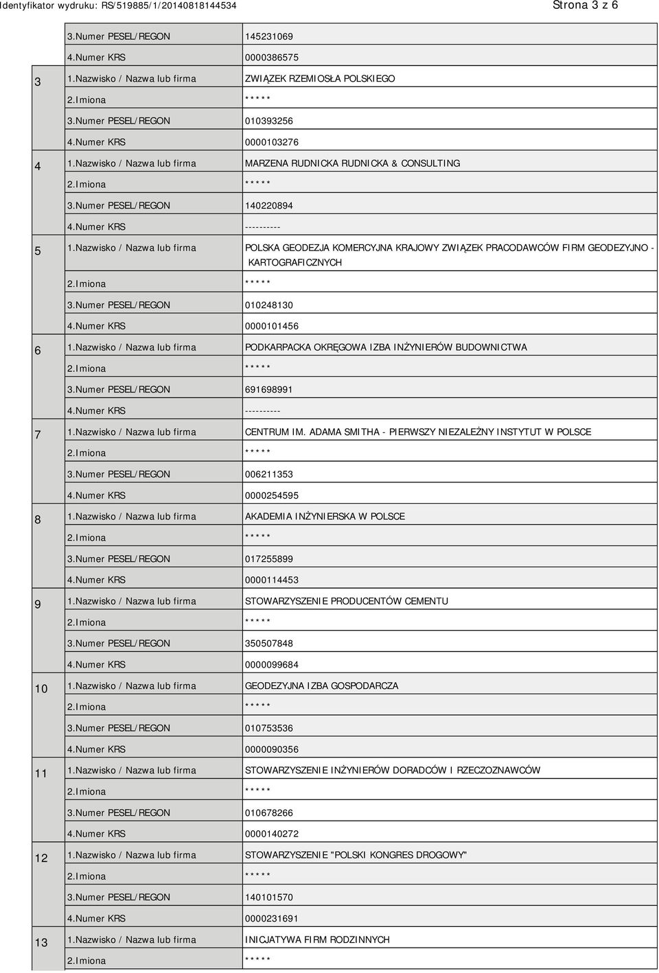 Nazwisko / Nazwa lub firma POLSKA GEODEZJA KOMERCYJNA KRAJOWY ZWIĄZEK PRACODAWCÓW FIRM GEODEZYJNO - KARTOGRAFICZNYCH 3.Numer PESEL/REGON 010248130 4.Numer KRS 0000101456 6 1.
