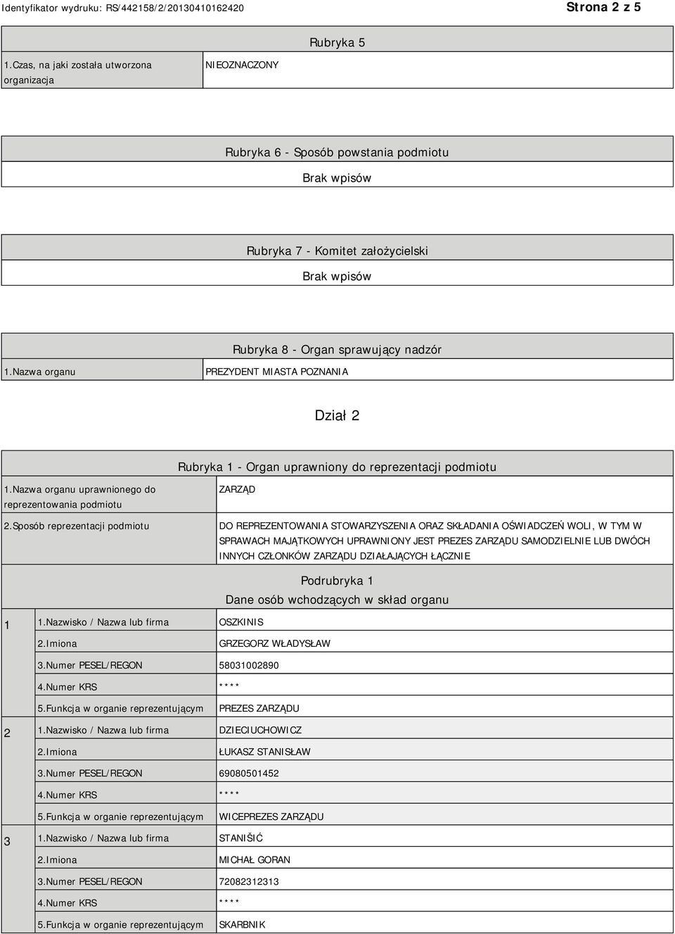 Sposób reprezentacji podmiotu ZARZĄD DO REPREZENTOWANIA STOWARZYSZENIA ORAZ SKŁADANIA OŚWIADCZEŃ WOLI, W TYM W SPRAWACH MAJĄTKOWYCH UPRAWNIONY JEST PREZES ZARZĄDU SAMODZIELNIE LUB DWÓCH INNYCH