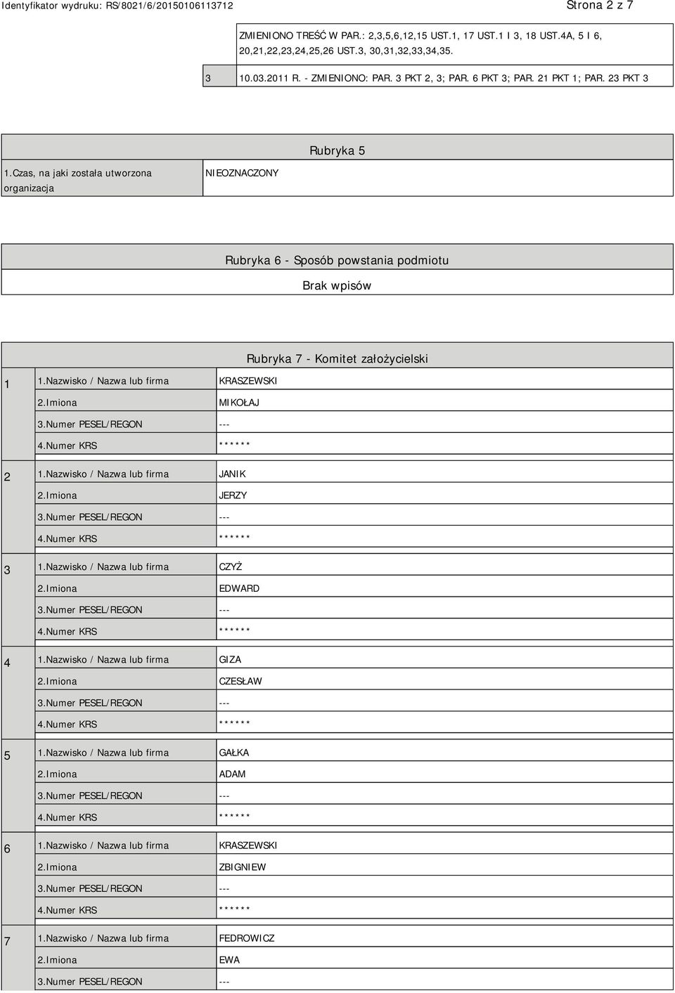 Nazwisko / Nazwa lub firma KRASZEWSKI Rubryka 7 - Komitet założycielski MIKOŁAJ ** 2 1.Nazwisko / Nazwa lub firma JANIK JERZY ** 3 1.