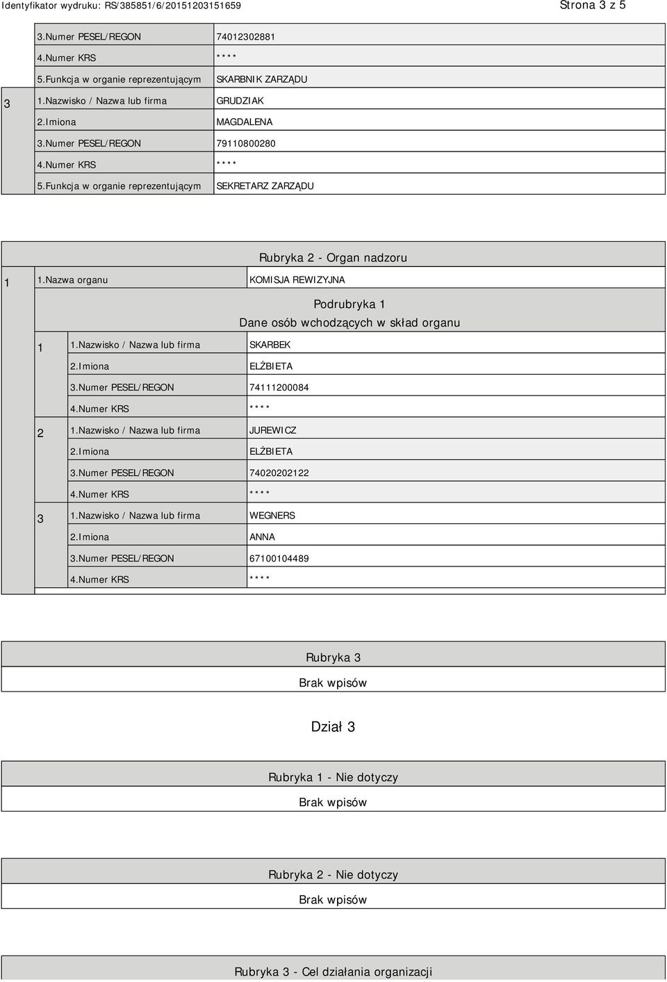 Nazwa organu KOMISJA REWIZYJNA Podrubryka 1 Dane osób wchodzących w skład organu 1 1.Nazwisko / Nazwa lub firma SKARBEK ELŻBIETA 3.