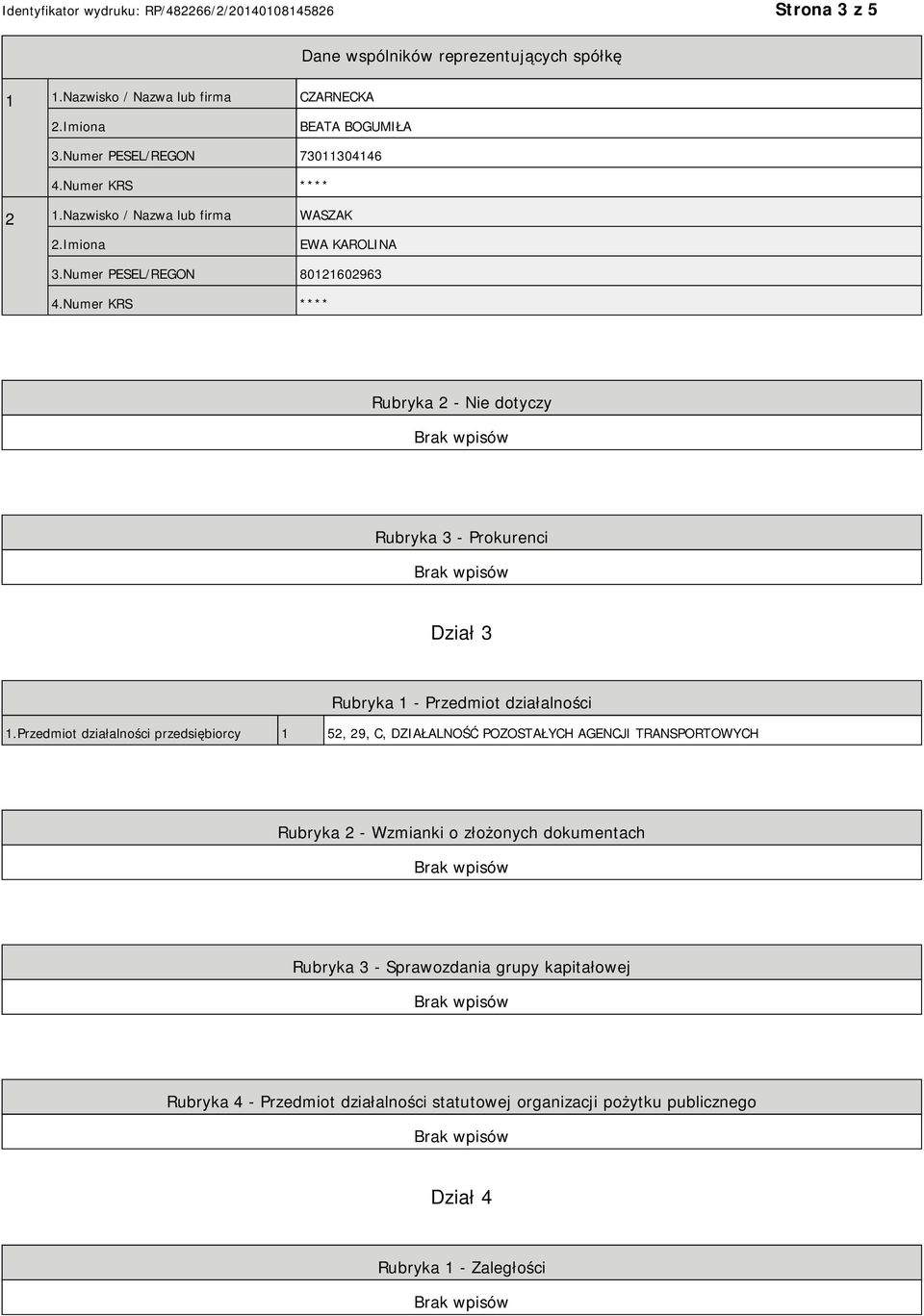 Numer KRS **** Rubryka 2 - Nie dotyczy Rubryka 3 - Prokurenci Dział 3 Rubryka 1 - Przedmiot działalności 1.