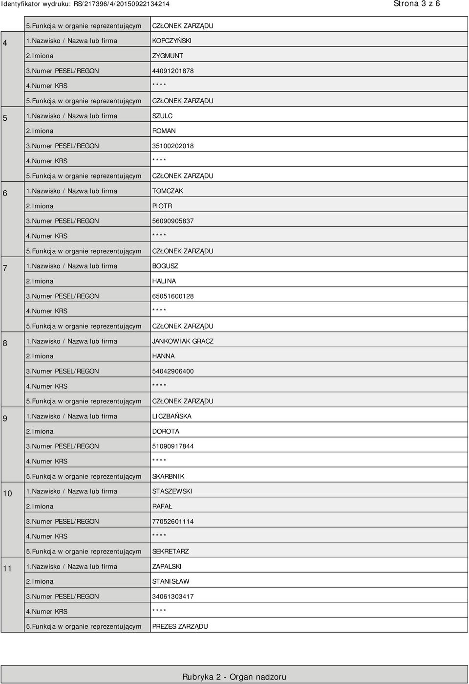 Nazwisko / Nazwa lub firma JANKOWIAK GRACZ HANNA 3.Numer PESEL/REGON 54042906400 9 1.Nazwisko / Nazwa lub firma LICZBAŃSKA DOROTA 3.Numer PESEL/REGON 51090917844 SKARBNIK 10 1.