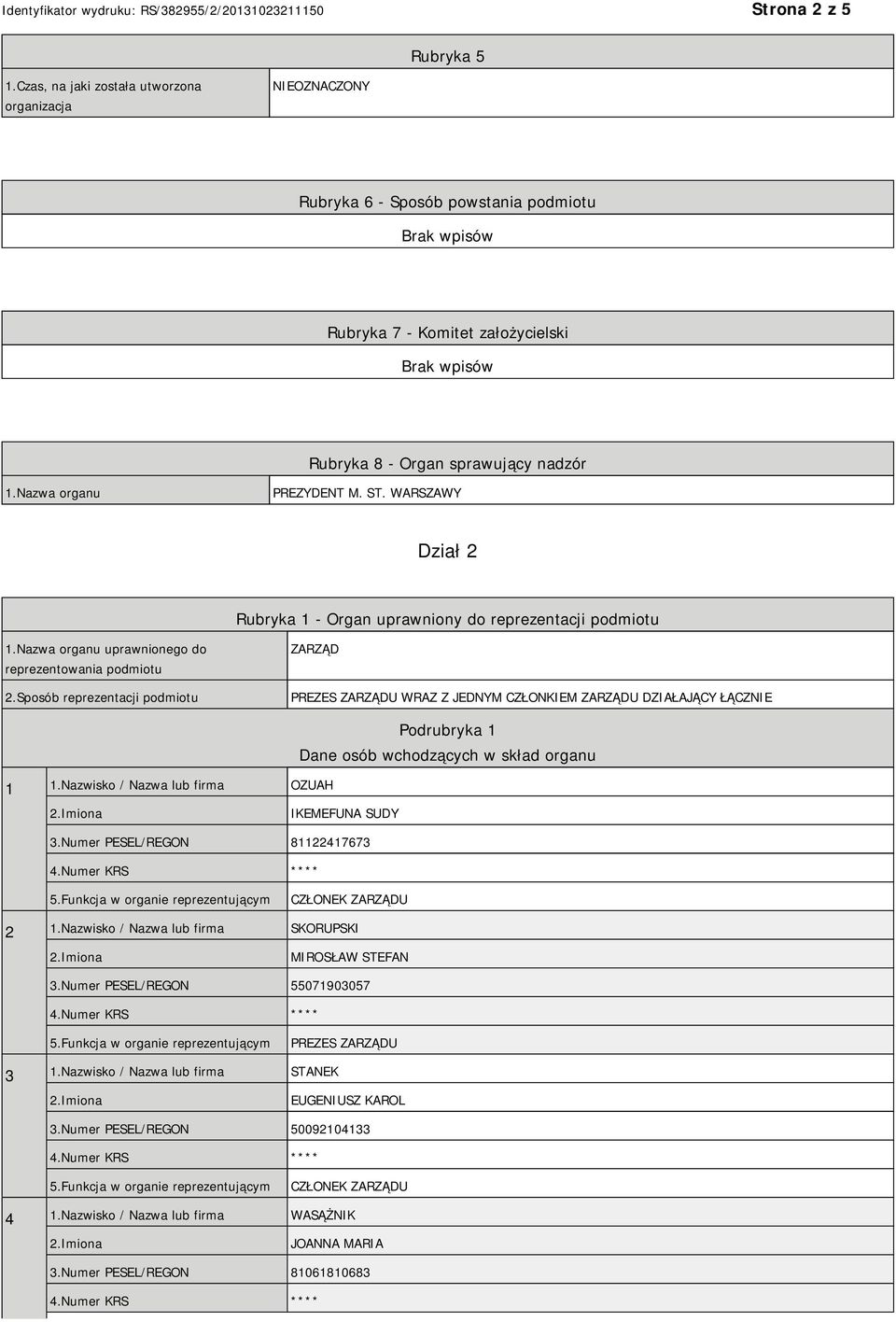 Sposób reprezentacji podmiotu ZARZĄD PREZES ZARZĄDU WRAZ Z JEDNYM CZŁONKIEM ZARZĄDU DZIAŁAJĄCY ŁĄCZNIE 1 1.