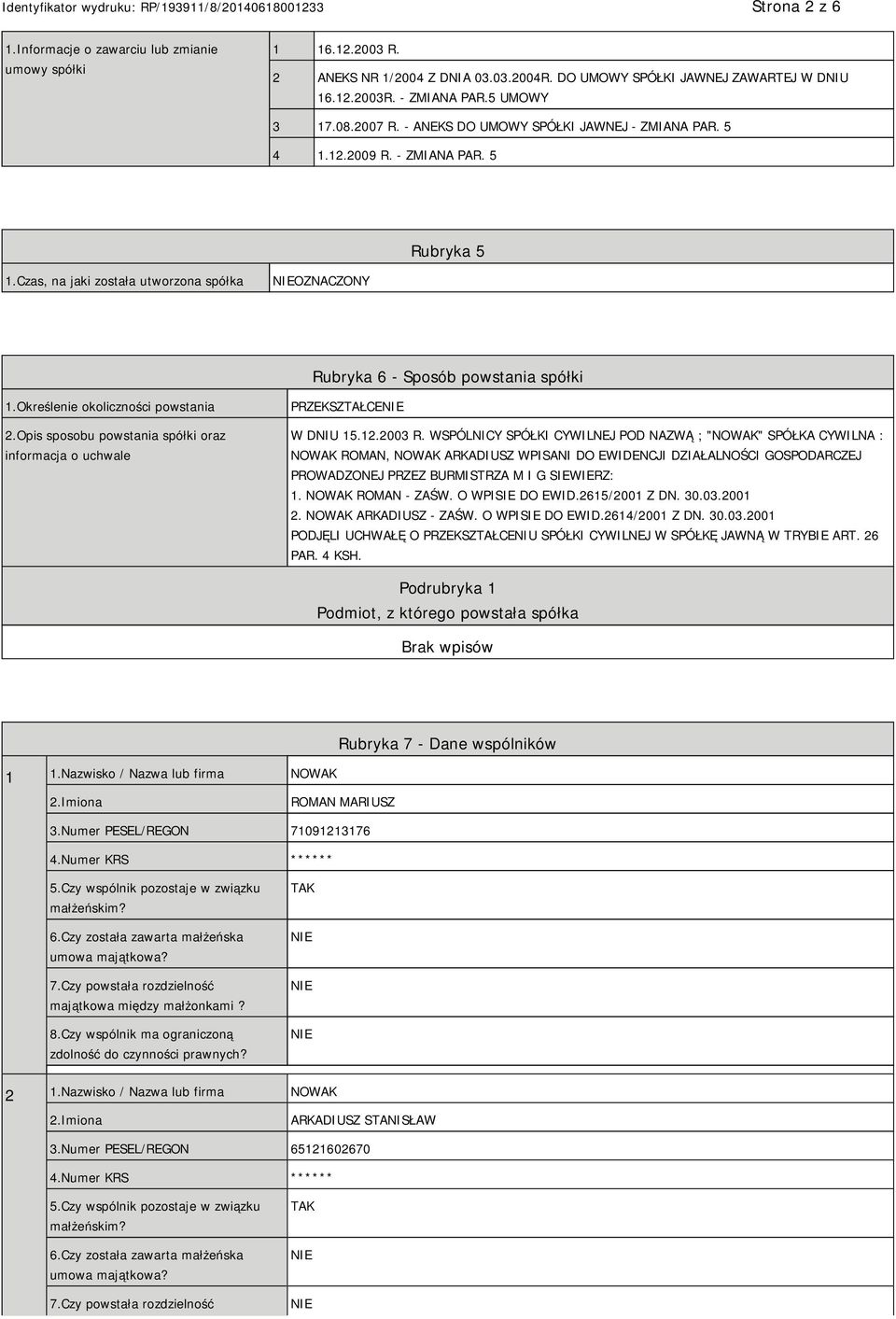 Określenie okoliczności powstania 2.Opis sposobu powstania spółki oraz informacja o uchwale PRZEKSZTAŁCE W DNIU 15.12.2003 R.