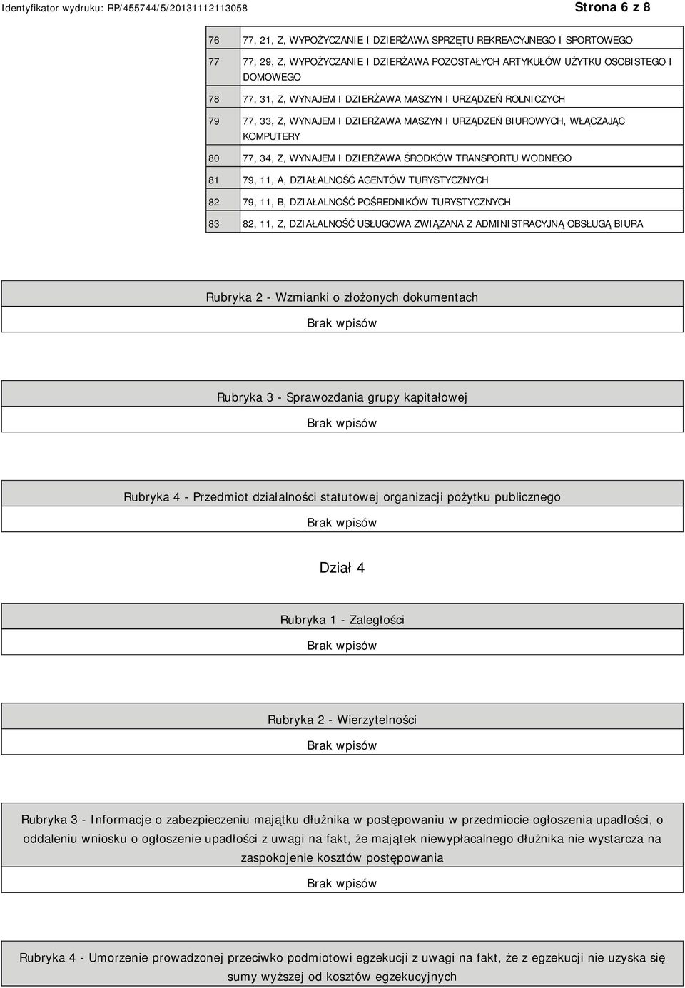 DZIAŁALNOŚĆ AGENTÓW TURYSTYCZNYCH 82 79, 11, B, DZIAŁALNOŚĆ POŚREDNIKÓW TURYSTYCZNYCH 83 82, 11, Z, DZIAŁALNOŚĆ USŁUGOWA ZWIĄZANA Z ADMINISTRACYJNĄ OBSŁUGĄ BIURA Rubryka 2 - Wzmianki o złożonych