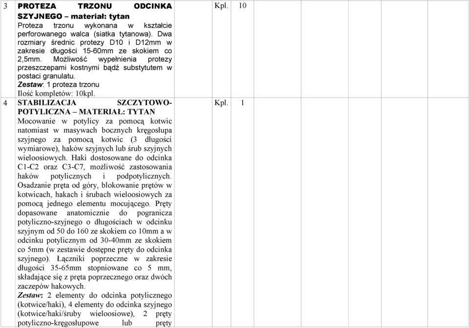 Zestaw: 1 proteza trzonu Ilość kompletów: 10kpl.