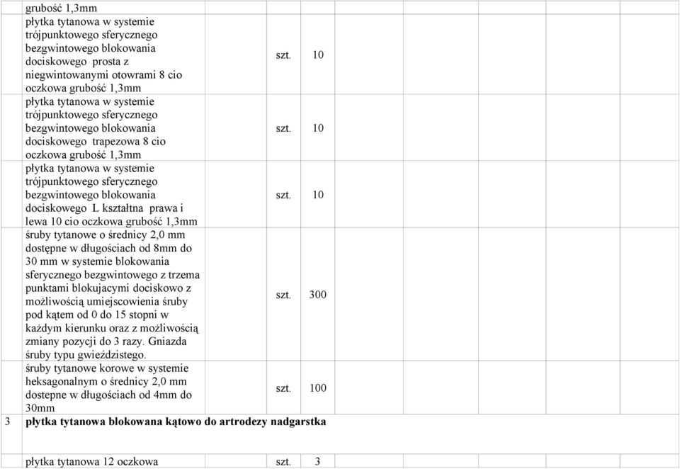 kształtna prawa i lewa 10 cio oczkowa grubość 1,3mm śruby tytanowe o średnicy 2,0 mm dostępne w długościach od 8mm do 30 mm w systemie blokowania sferycznego bezgwintowego z trzema punktami