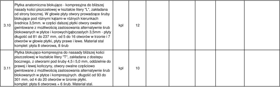 w części dalszej płytki otwory owalne gwintowane z możłiwością zastosowania alternatywnie śrub blokowanych w płytce i korowych/gąbczastych 3,5mm - płyty długość od 81 do 237 mm, od 5 do 16 otworów w