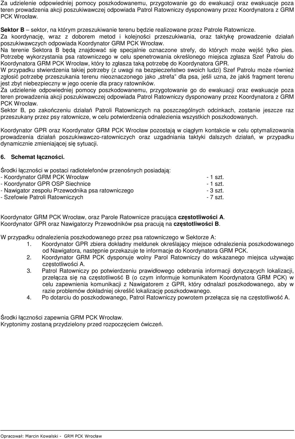 Za koordynację, wraz z doborem metod i kolejności przeszukiwania, oraz taktykę prowadzenie działań poszukiwawczych odpowiada Koordynator GRM PCK Wrocław.