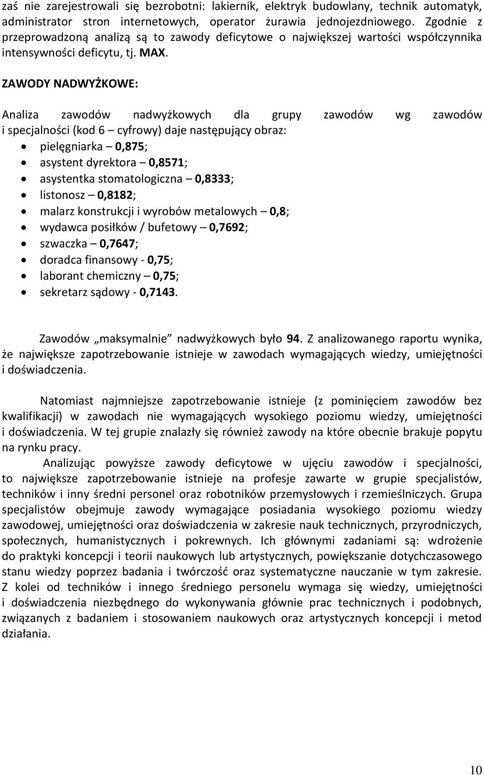 ZAWODY NADWYŻKOWE: Analiza zawodów nadwyżowych dla grupy zawodów wg zawodów i specjalności (od 6 cyfrowy) daje następujący obraz: pielęgniara 0,875; asystent dyretora 0,8571; asystenta