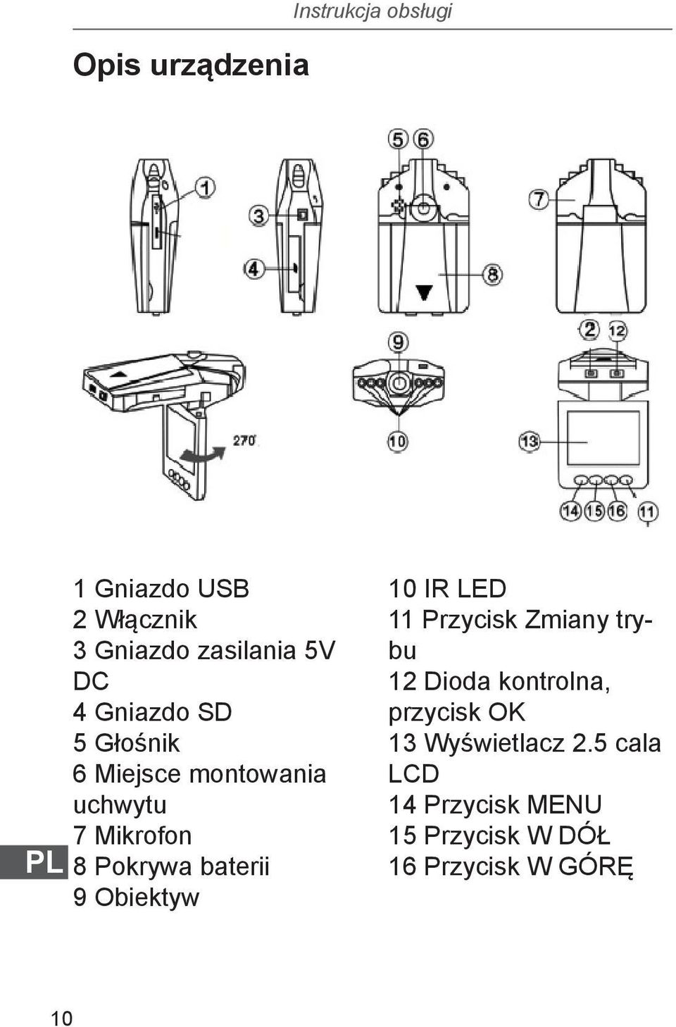 baterii 9 Obiektyw 10 IR LED 11 Przycisk Zmiany trybu 12 Dioda kontrolna, przycisk