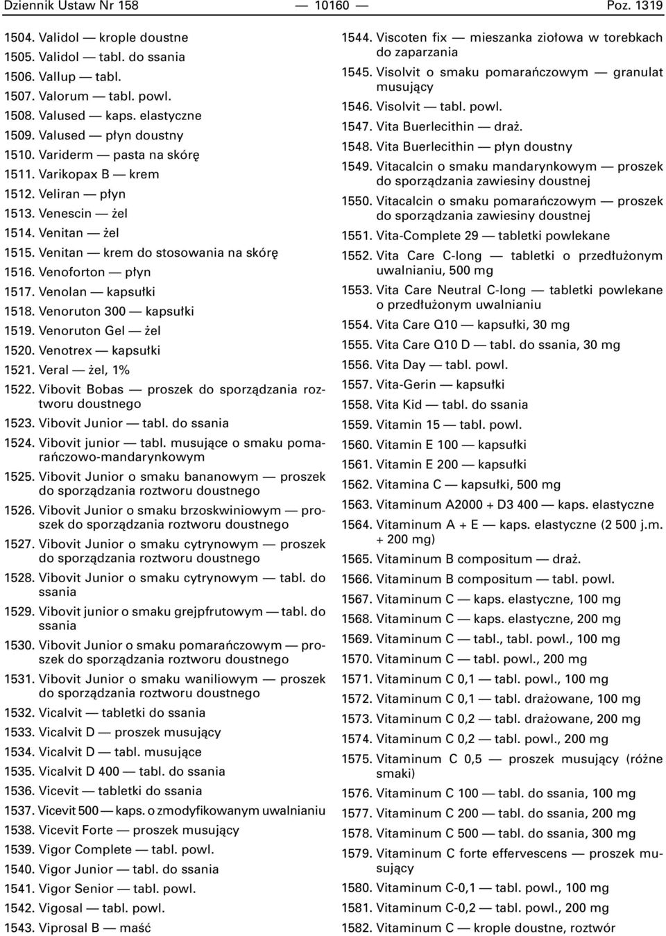 Venolan kapsu ki 1518. Venoruton 300 kapsu ki 1519. Venoruton Gel el 1520. Venotrex kapsu ki 1521. Veral el, 1% 1522. Vibovit Bobas proszek do sporzàdzania roztworu doustnego 1523.