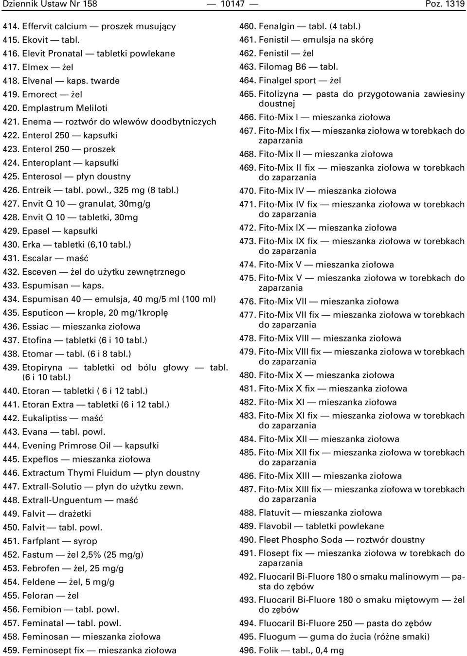 , 325 mg (8 tabl.) 427. Envit Q 10 granulat, 30mg/g 428. Envit Q 10 tabletki, 30mg 429. Epasel kapsu ki 430. Erka tabletki (6,10 tabl.) 431. Escalar maêç 432. Esceven el do u ytku zewn trznego 433.