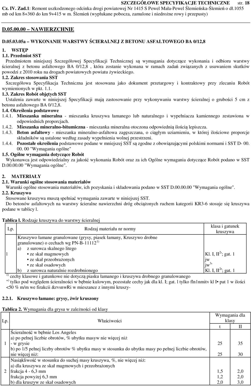 ,8 1. WSTĘP 1.1. Przedmiot SST Przedmiotem niniejszej Szczegółowej Specyfikacji Technicznej są wymagania dotyczące wykonania i odbioru warstwy ścieralnej z betonu asfaltowego BA 0/12,8, która