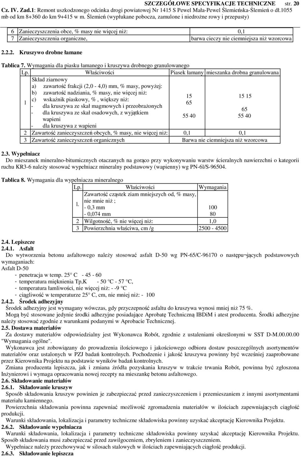 Właściwości Piasek łamany mieszanka drobna granulowana Skład ziarnowy a) zawartość frakcji (2,0-4,0) mm, % masy, powyżej: b) zawartość nadziania, % masy, nie więcej niż: 15 15 15 c) wskaźnik