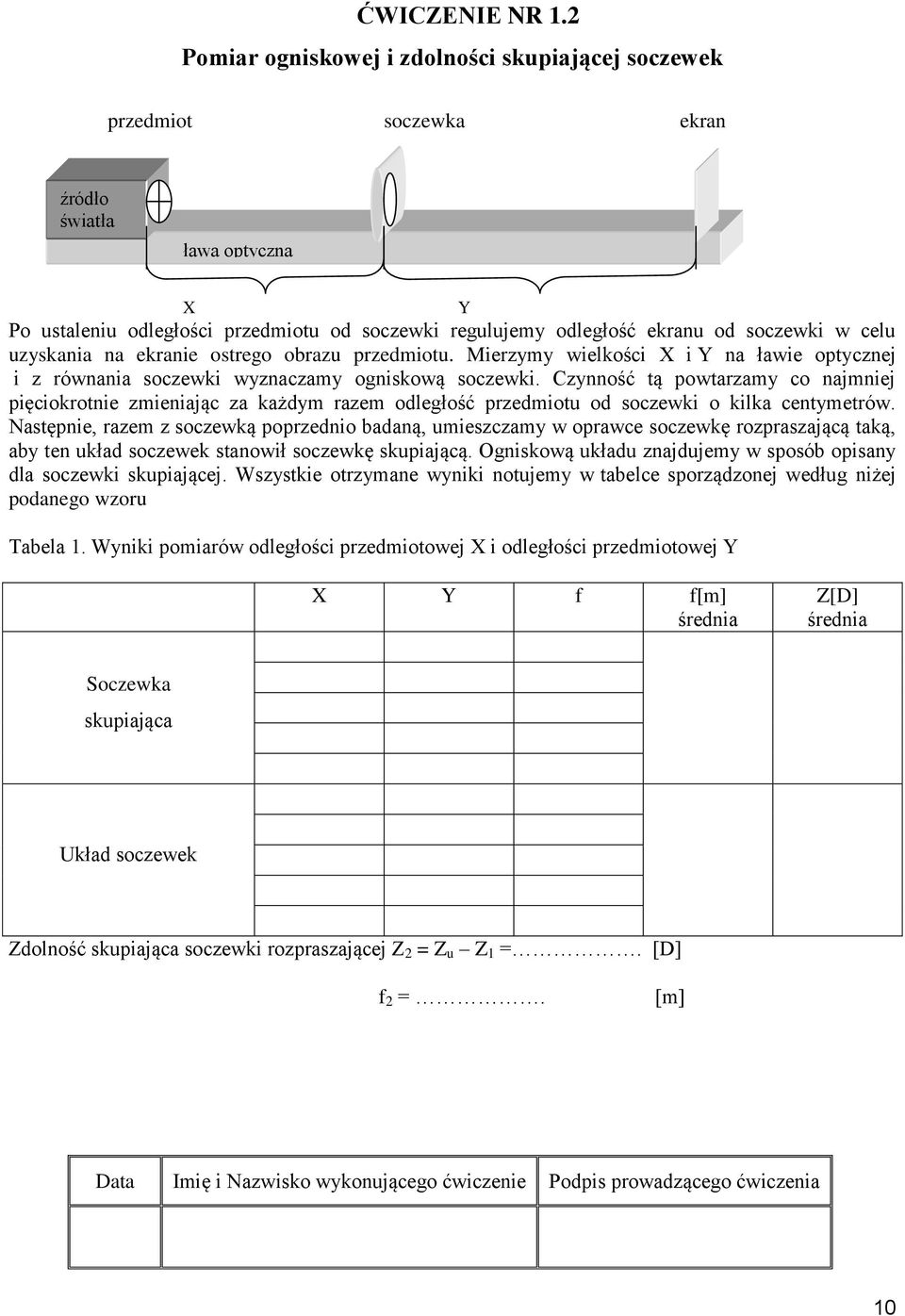 uzyskania na ekranie osrego obrazu przedmiou. Mierzymy wielkości X i Y na ławie opycznej i z równania soczewki wyznaczamy ogniskową soczewki.