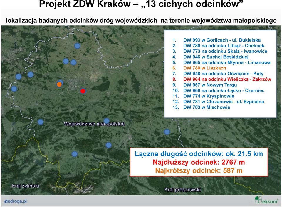 DW 780 w Liszkach 7. DW 948 na odcinku Oświęcim - Kęty 8. DW 964 na odcinku Wieliczka - Zakrzów 9. DW 957 w Nowym Targu 10. DW 969 na odcinku Łącko - Czerniec 11.