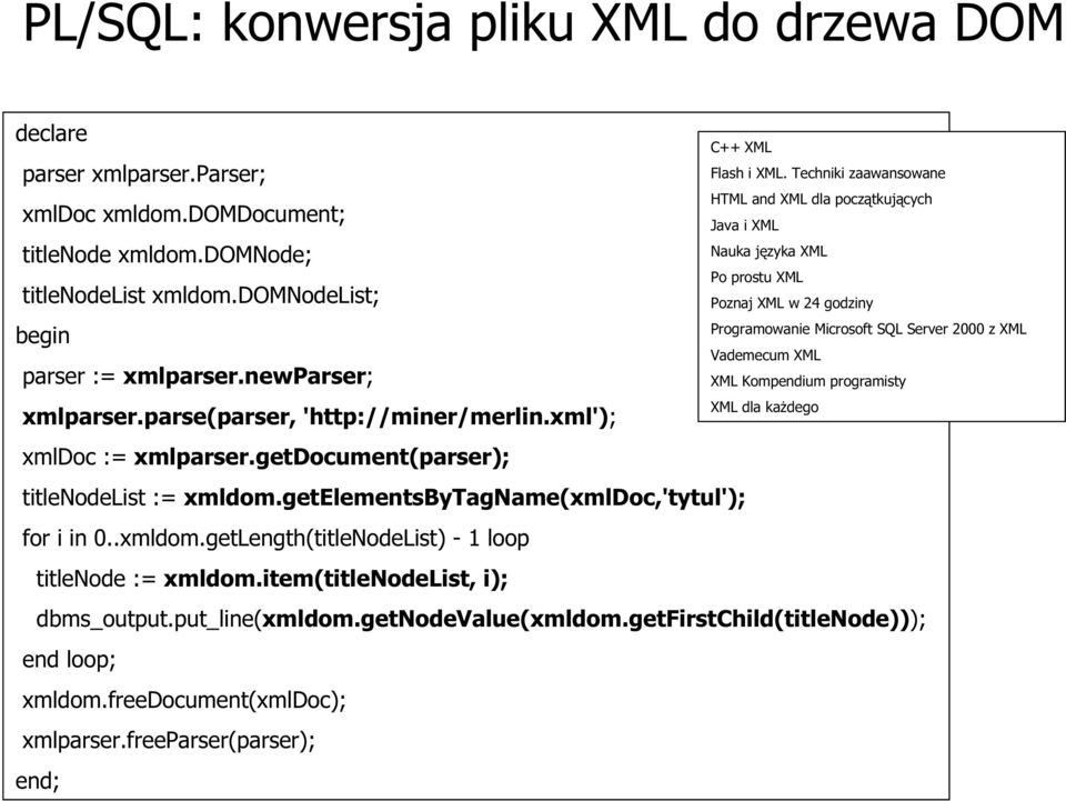 Techniki zaawansowane HTML and XML dla początkujących Java i XML Nauka języka XML Po prostu XML Poznaj XML w 24 godziny Programowanie Microsoft SQL Server 2000 z XML Vademecum XML XML Kompendium