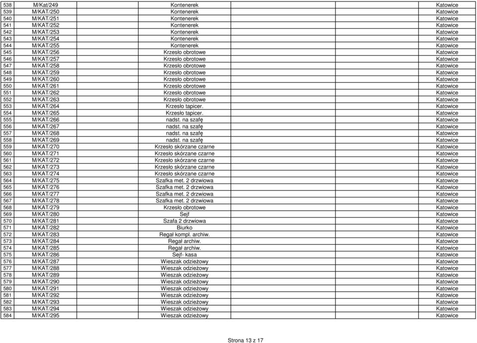 Katowice 549 M/KAT/260 Krzesło obrotowe Katowice 550 M/KAT/261 Krzesło obrotowe Katowice 551 M/KAT/262 Krzesło obrotowe Katowice 552 M/KAT/263 Krzesło obrotowe Katowice 553 M/KAT/264 Krzesło tapicer.