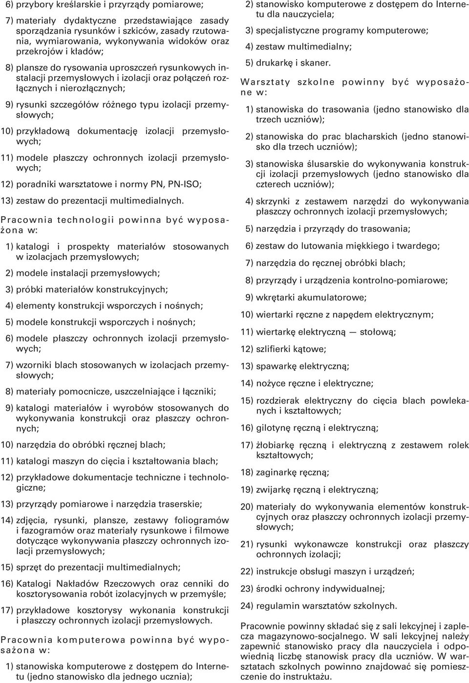 przykładową dokumentację izolacji przemysłowych; 11) modele płaszczy ochronnych izolacji przemysłowych; 12) poradniki warsztatowe i normy PN, PN-ISO; 13) zestaw do prezentacji multimedialnych.