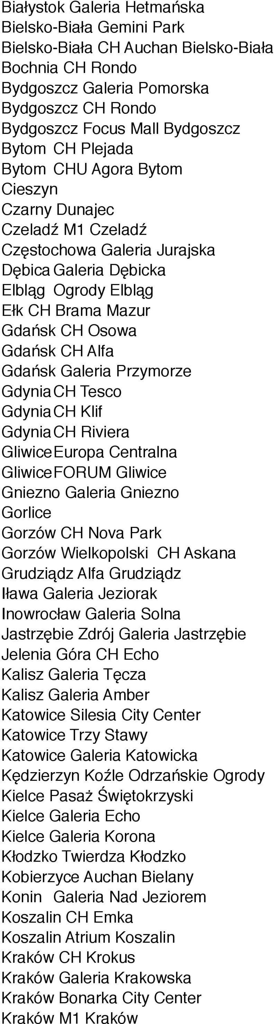 Gdańsk Galeria Przymorze GdyniaCH Tesco Gdynia CH Klif Gdynia CH Riviera GliwiceEuropa Centralna GliwiceFORUM Gliwice Gniezno Galeria Gniezno Gorlice Gorzów CH Nova Park Gorzów Wielkopolski CH Askana