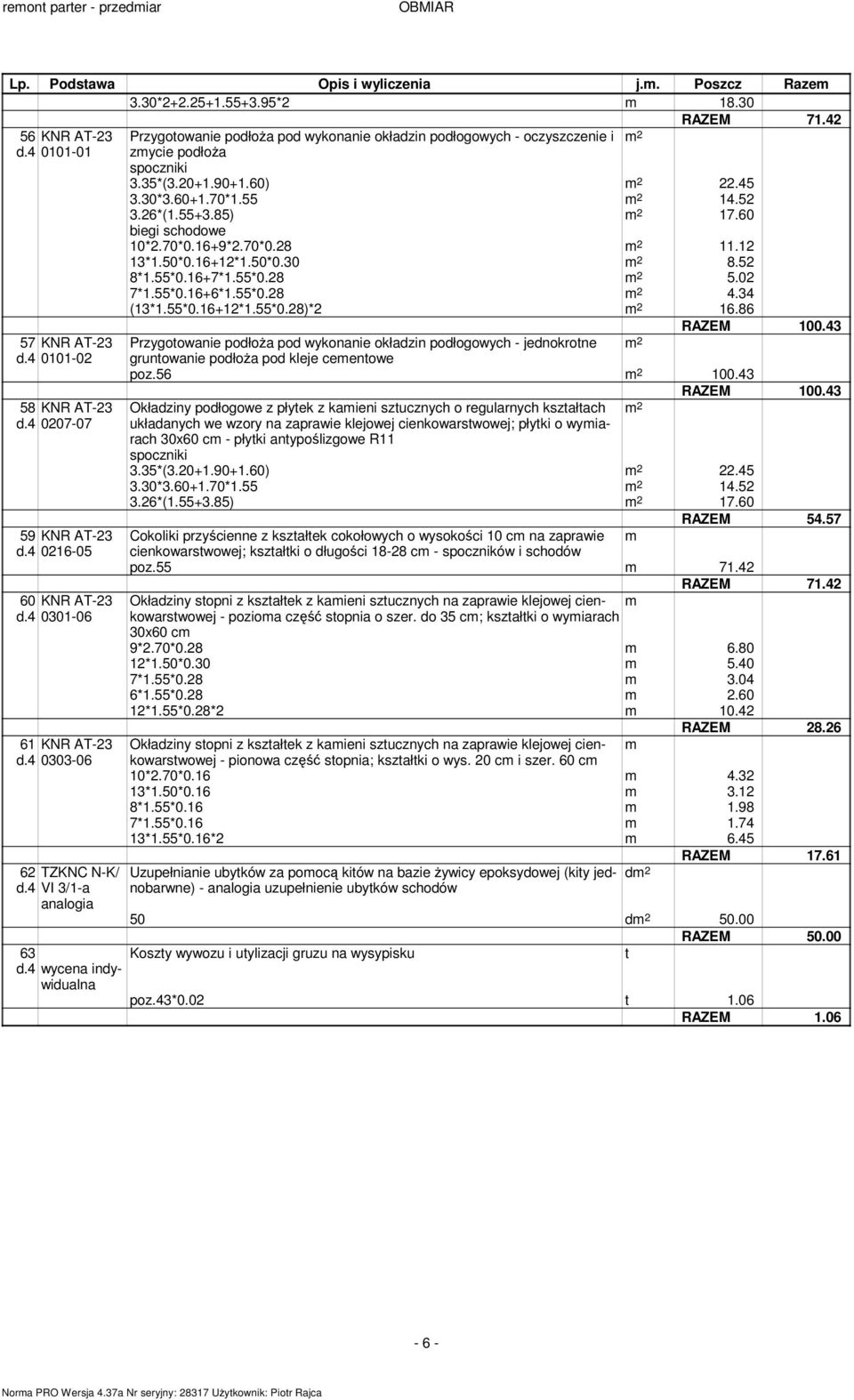 4 VI 3/1-a Przygotowanie podłoŝa pod wykonanie okładzin podłogowych - oczyszczenie i zycie podłoŝa spoczniki 3.35*(3.20+1.90+1.60) 22.45 3.30*3.60+1.70*1.55 14.52 3.26*(1.55+3.85) 17.