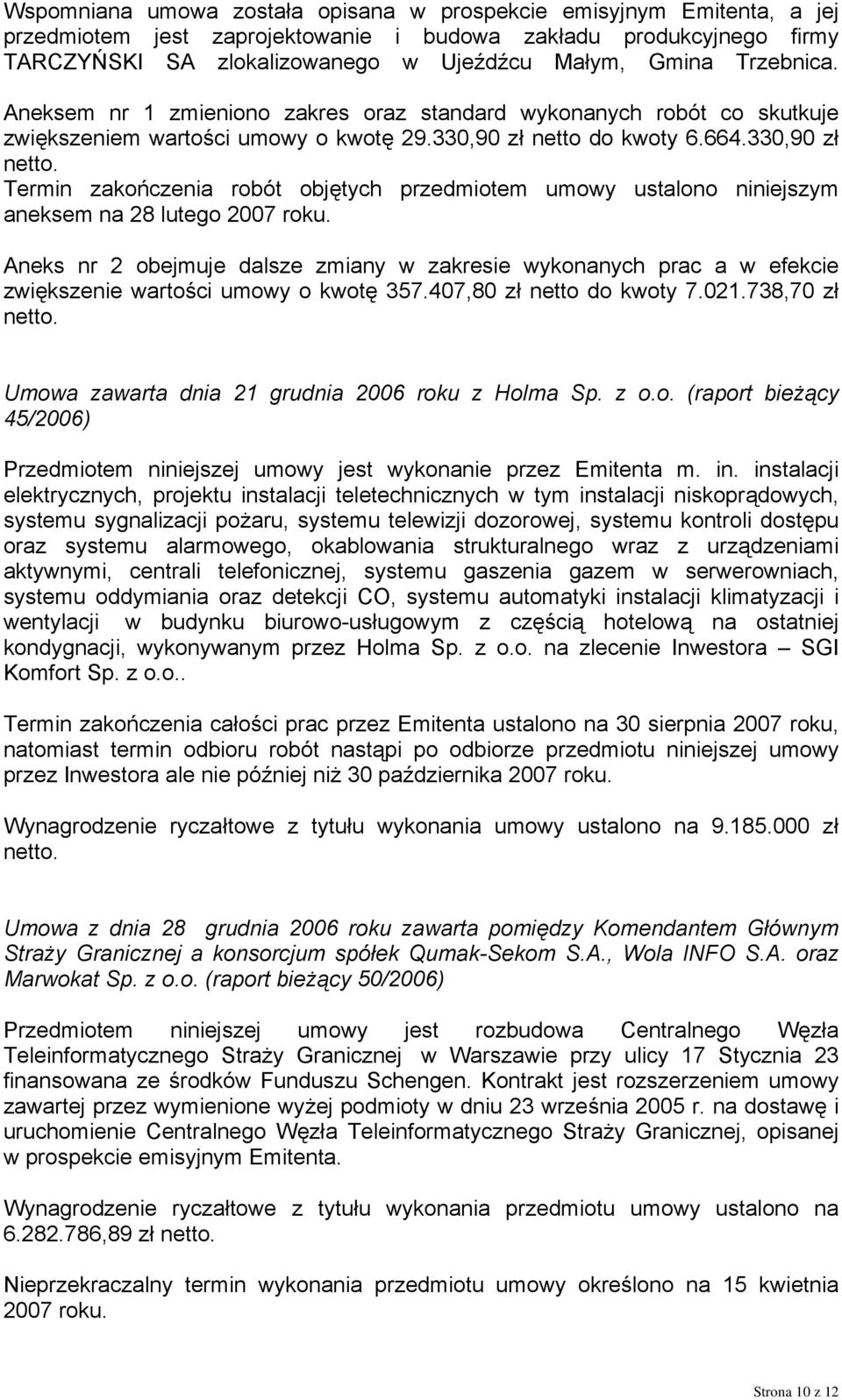 do kwoty 6.664.330,90 zł netto. Termin zakończenia robót objętych przedmiotem umowy ustalono niniejszym aneksem na 28 lutego 2007 roku.