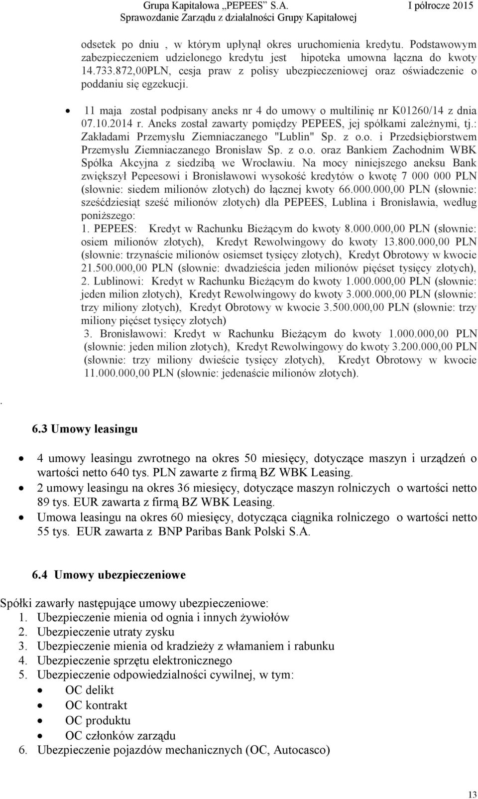 Aneks został zawarty pomiędzy PEPEES, jej spółkami zależnymi, tj.: Zakładami Przemysłu Ziemniaczanego "Lublin" Sp. z o.o. i Przedsiębiorstwem Przemysłu Ziemniaczanego Bronisław Sp. z o.o. oraz Bankiem Zachodnim WBK Spółka Akcyjna z siedzibą we Wrocławiu.