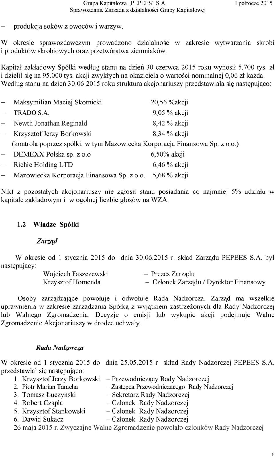 Według stanu na dzień 30.06.2015 roku struktura akcjonariuszy przedstawiała się następująco: Maksymilian Maciej Skotnicki 20,56 %akcji TRAD