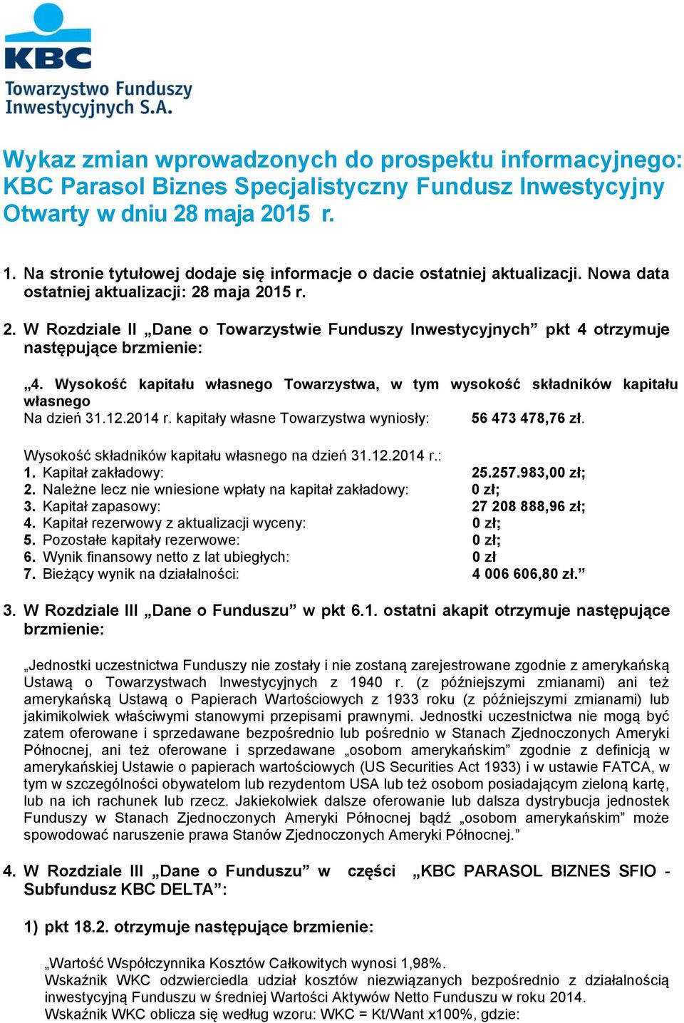 maja 2015 r. 2. W Rozdziale II Dane o Towarzystwie Funduszy Inwestycyjnych pkt 4 otrzymuje następujące brzmienie: 4.