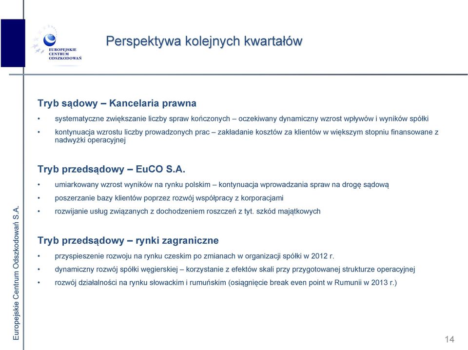 umiarkowany wzrost wyników na rynku polskim kontynuacja wprowadzania spraw na drogę sądową poszerzanie bazy klientów poprzez rozwój współpracy z korporacjami rozwijanie usług związanych z