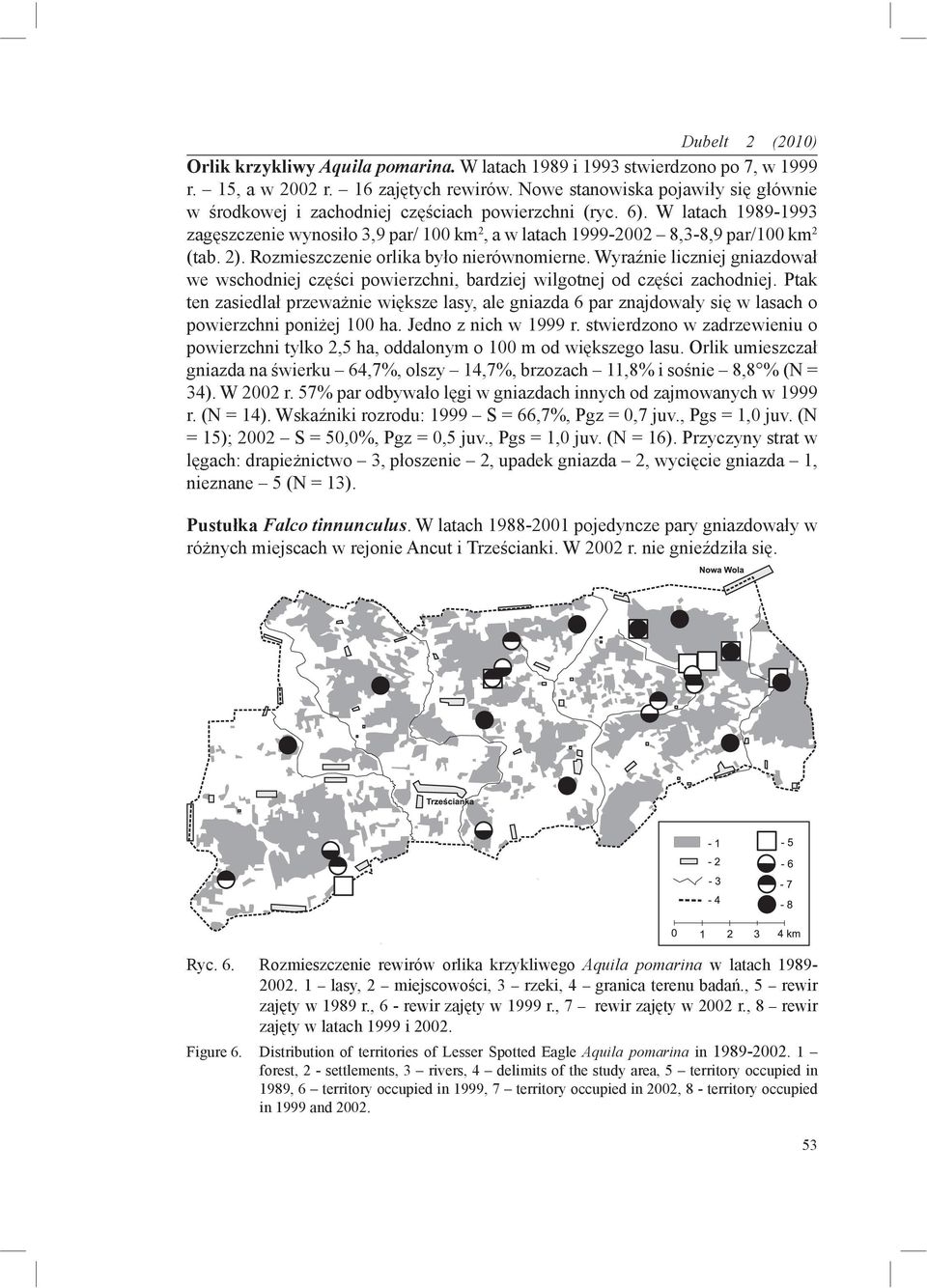 W latach 1989-1993 zagęszczenie wynosiło 3,9 par/ 100 km 2, a w latach 1999-2002 8,3-8,9 par/100 km 2 (tab. 2). Rozmieszczenie orlika było nierównomierne.