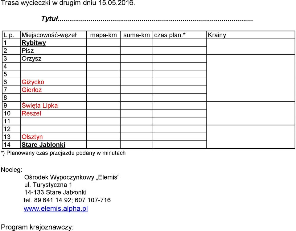 14 Stare Jabłonki *) Planowany czas przejazdu podany w minutach Nocleg: Ośrodek Wypoczynkowy Elemis" ul.