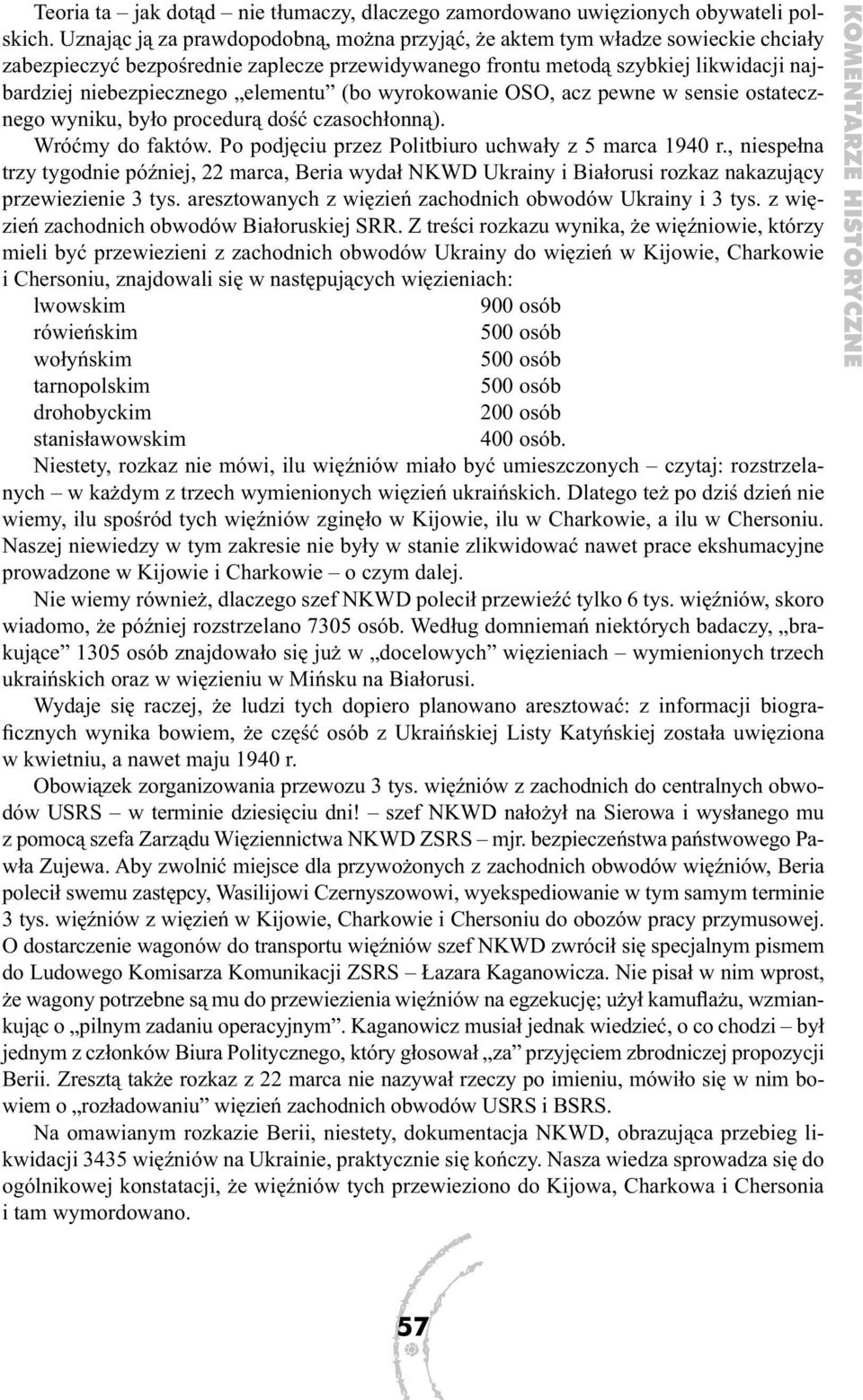 elementu (bo wyrokowanie OSO, acz pewne w sensie ostatecznego wyniku, było procedurą dość czasochłonną). Wróćmy do faktów. Po podjęciu przez Politbiuro uchwały z 5 marca 1940 r.