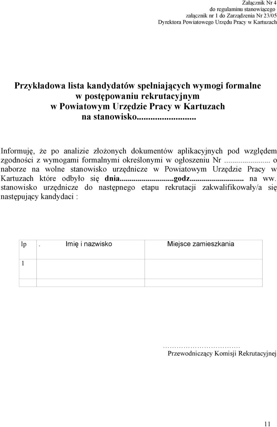 .. Informuję, że po analizie złożonych dokumentów aplikacyjnych pod względem zgodności z wymogami formalnymi określonymi w ogłoszeniu Nr.