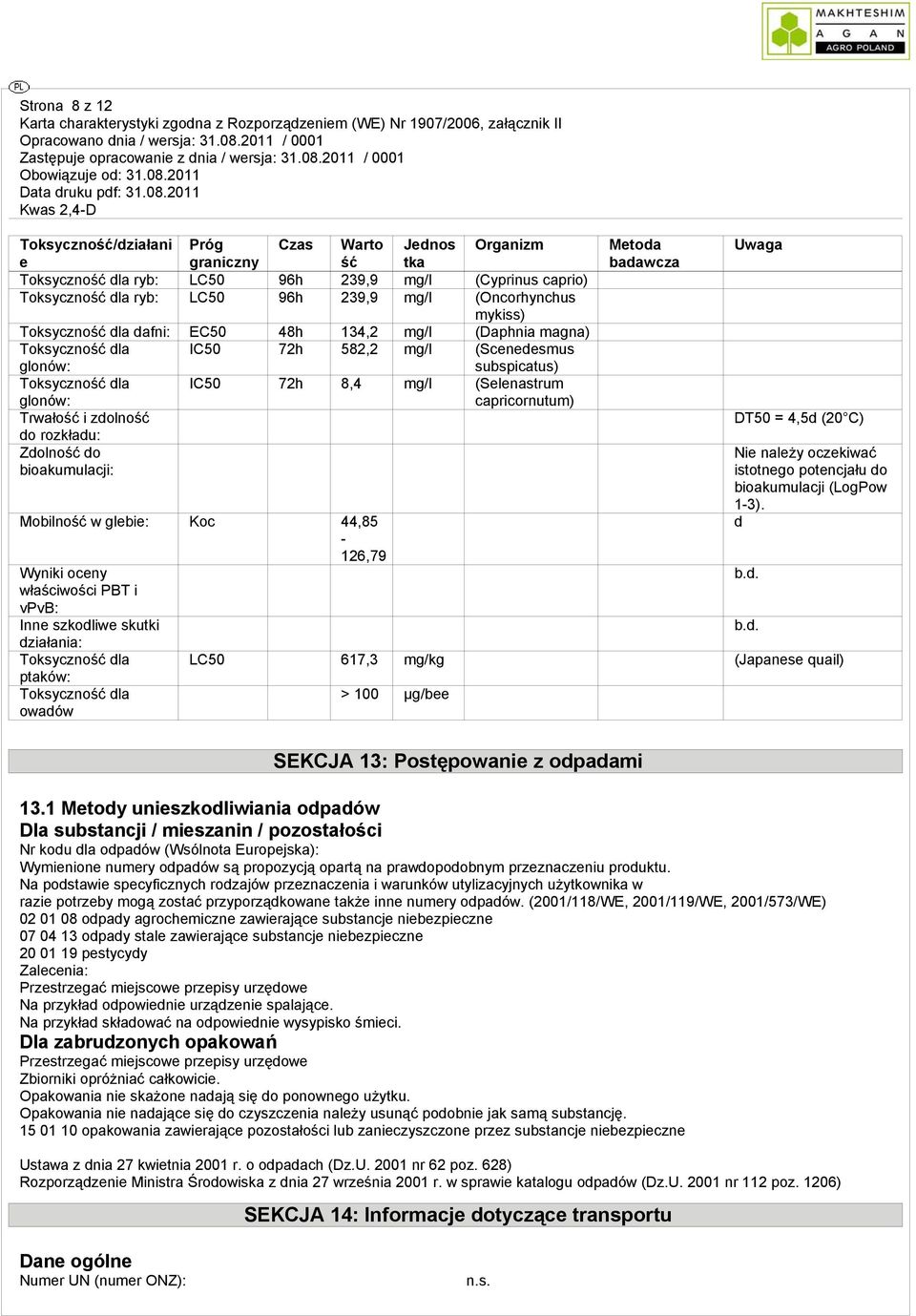 capricornutum) Trwałość i zdolność do rozkładu: Zdolność do bioakumulacji: Mobilność w glebie: Koc 44,85-126,79 Wyniki oceny właściwości PBT i vpvb: Inne szkodliwe skutki działania: Toksyczność dla