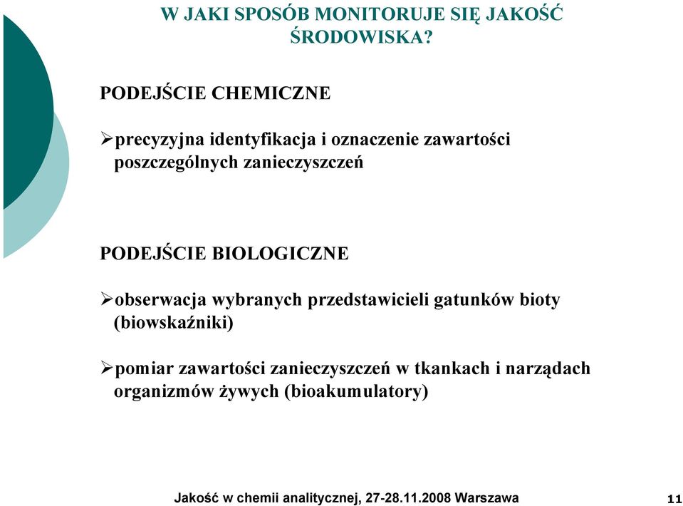 poszczególnych zanieczyszczeń PODEJŚCIE BIOLOGICZNE obserwacja wybranych